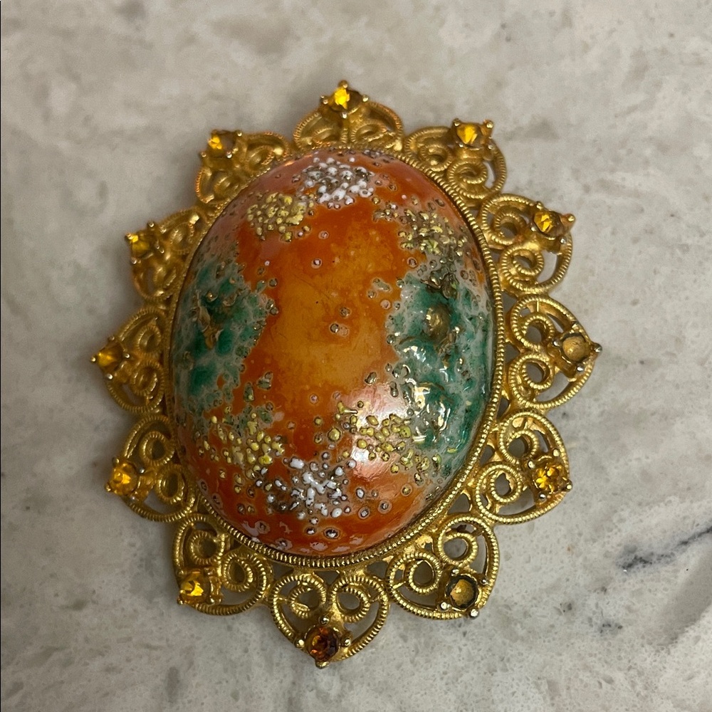 Vintage-Inspired Gold and Orange Brooch with Green Accents Juliana Book piece